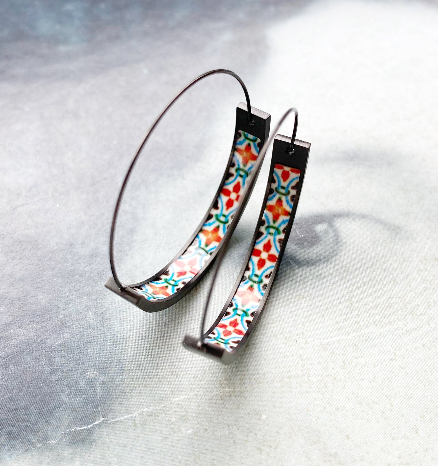 Atrio Hoop Earrings Black Hoops Atrio Hoops Fall Hoops Fall Earrings Portugal Antique Azulejo Tile BRAGA Stainless Steel