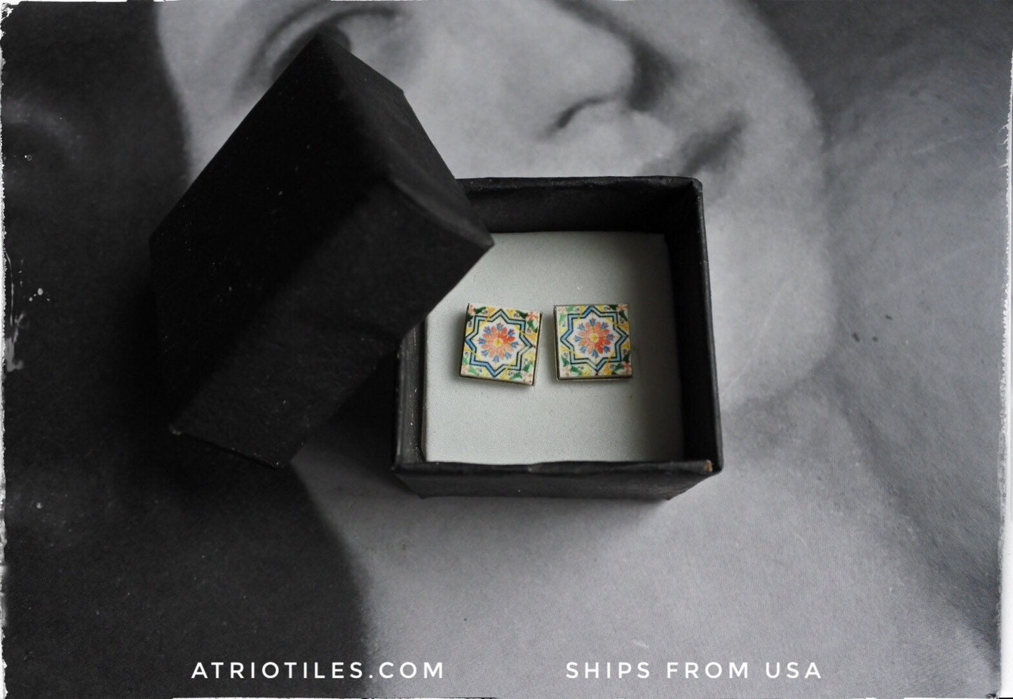 Atrio STUD Earrings Portugal Tile Azulejo Tile SOLID Stainless Steel Posts Hypo allergenic OVAR, Ourivesaria Carvalho Gift Boxed