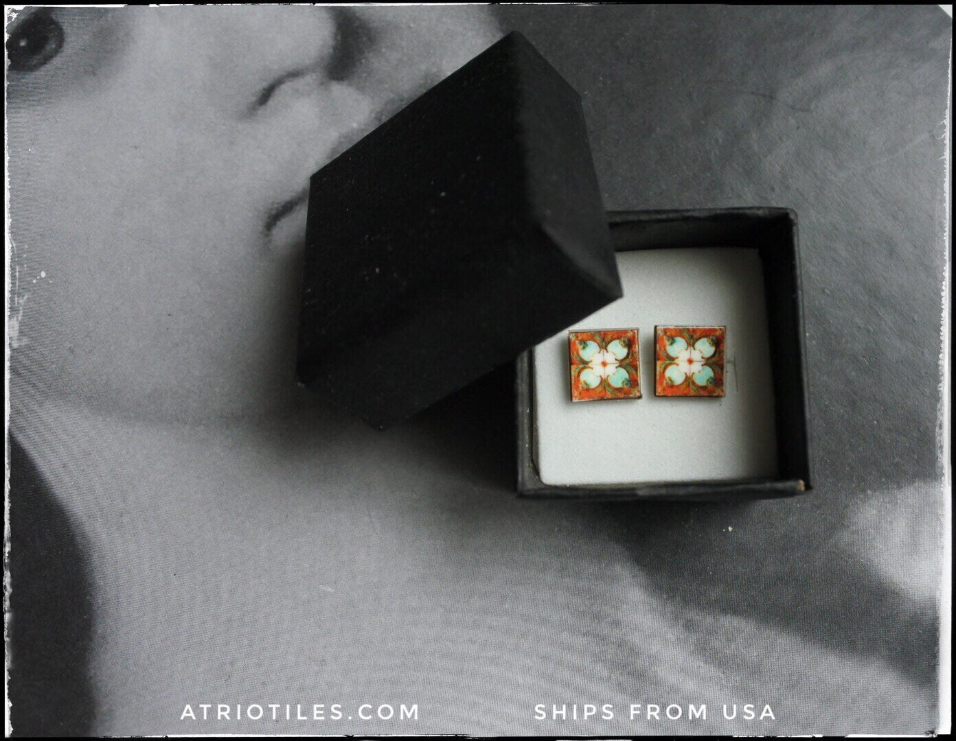 Stud Earrings Portugal Tile Atrio Azulejo Lotus Caldas Rainha Bordallo Pinheiro Art Nouveau Deco Solid Stainless Steel USA Shipping SMALL