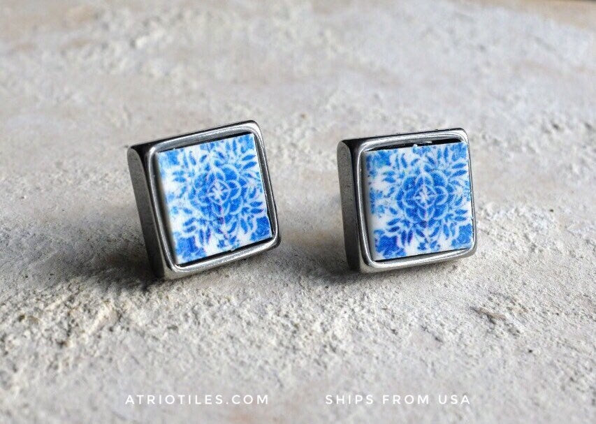 Stud Earrings Portugal Tile Atrio 16th Century Tomar Cloister SOLID Stainless Steel Convent of Christ built in 1160 Camellias 850