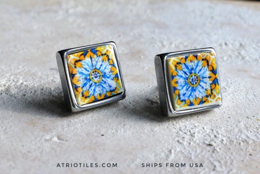 Stud Earrings Portugal Tile Atrio SOLID STAINLESS Steel 17th Century Gold Blue Azulejo - Tomar Convent of Christ built in 1160 Majolica 641