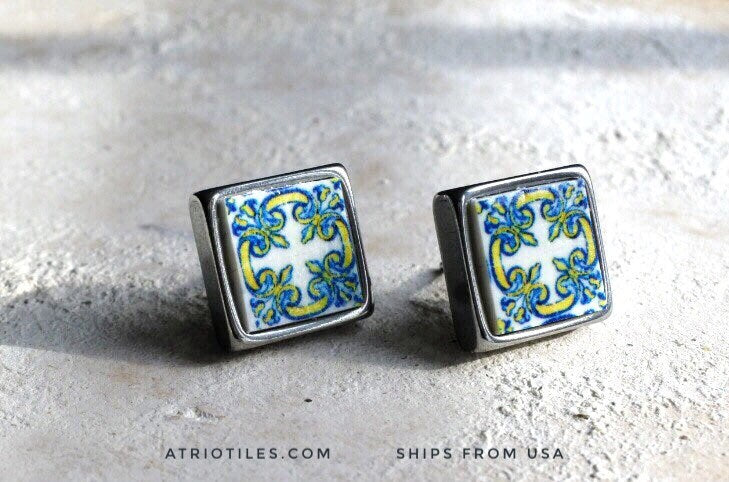 Stud Earrings Portugal Tile Azulejos Portuguese 1560 SOLID STAINLESS Steel - Santa Maria da Feira Gift Box Included Ships from USA 642