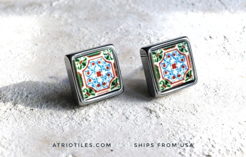 Stud Earrings Portugal Tile Post Antique Azulejo SOLID Stainless Steel- Ovar Post - Hypo Allergenic Gift Box Included 404