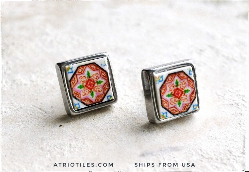 Stud Earrings Portugal Tile Atrio Pink SOLID STAINLESS Steel Antique Azulejo Tile EsMORIZ Gift Box Included - Ships from USA 389