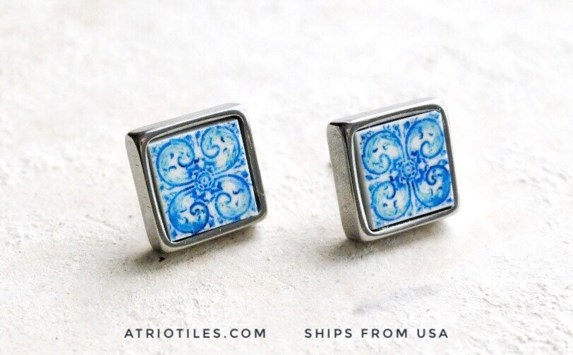 STUD Earrings Portugal Tile Atrio SOLID Stainless Steel Posts Azulejo University of Évora founded in 1559 Hypo allergenic USA Shipping 700