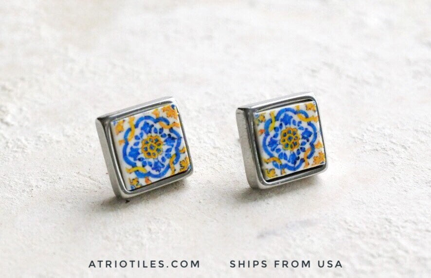 Stud Earrings Portugal Tile Ericeira Antique 17th century Azulejo Blue Gold SOLID Stainless Steel Posts Hypo Allergenic 774 USA Shipping
