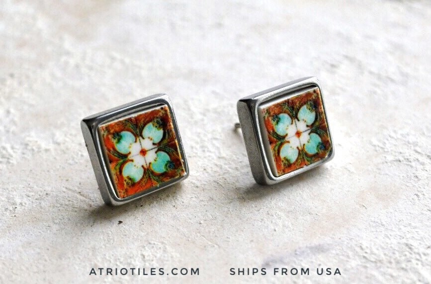 Stud Earrings Portugal Tile Atrio Azulejo Lotus Caldas Rainha Bordallo Pinheiro Art Nouveau Art Deco SOLID Stainless Posts USA Shipping 899