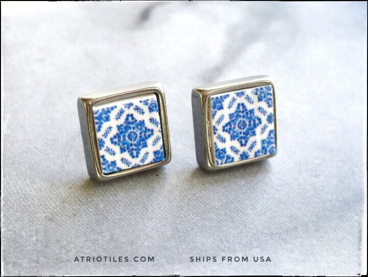 Stud Earrings Blue Tile Portugal Atrio Post Azulejo SOLID Stainless Steel Hypo allergenic Foto Lisboa, Ovar 1892 USA Shipping 645
