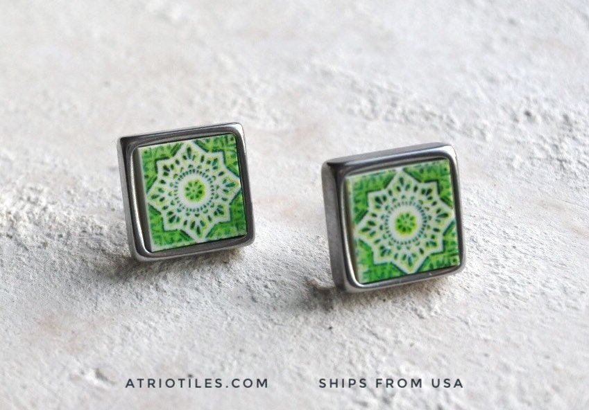 Stud Earrings Portugal Green Tile Post Atrio SOLID Stainless Steel Ilhavo, Green- Hypo Allergenic Ships from USA 490