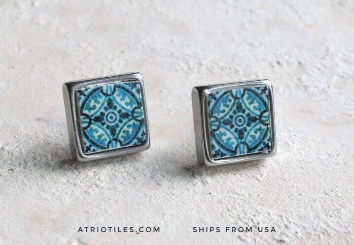 Stud Tile Earrings Portugal Atrio SOLID Stainless Steel Posts Azulejo , Ilhavo, SAGE Green Hypo Allergenic Gift Boxed 458
