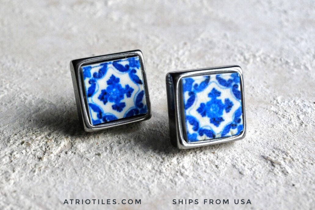 Stud Post Earrings Portugal Tile Atrio SOLID Stainless Steel Blue Antique Azulejo Ovar Gift Box Included - Ships from USA 621