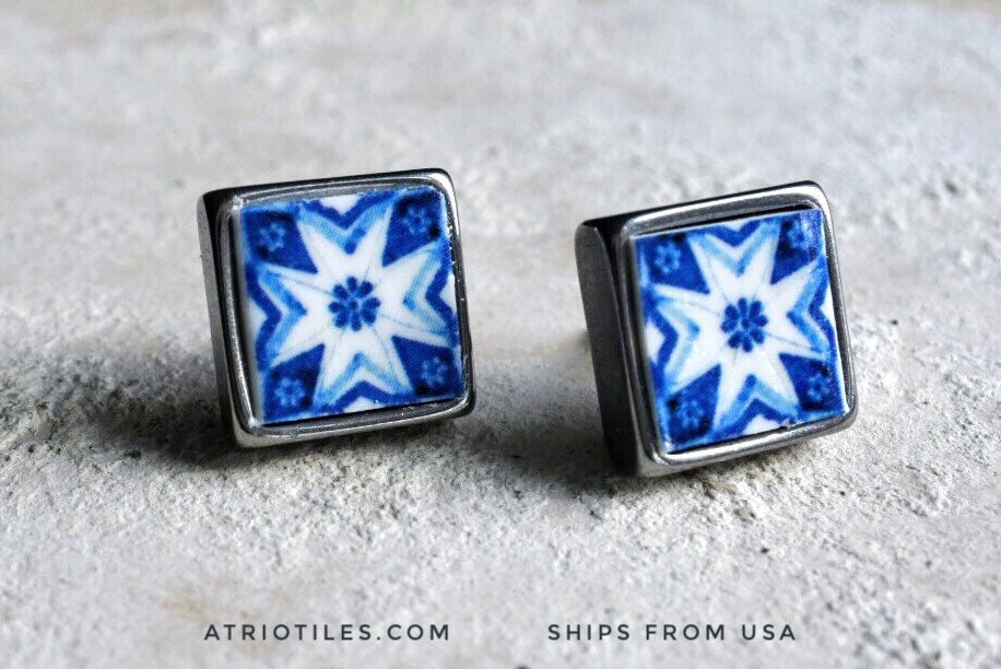 Stud Earrings Atrio Tile Portugal Blue Azulejo - SOLID Stainless Steel - Gift Box Included - Ships from USA Minimal 719