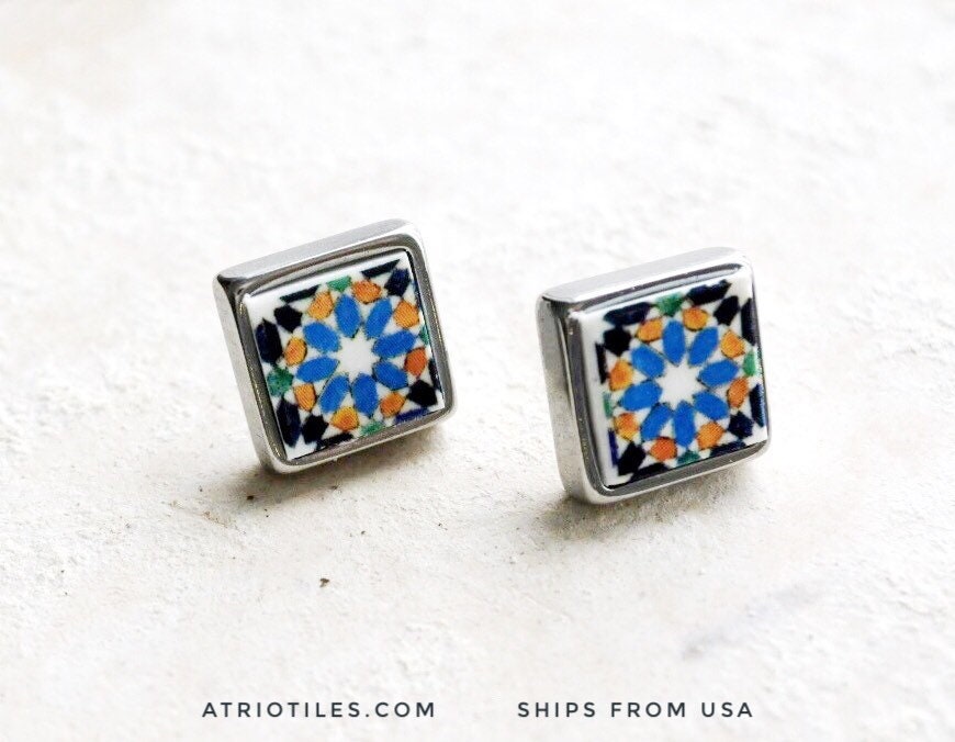 Stud EARRINGS Tile Portugal 16th Century Hispano-Arab Azulejo Arista Monastery of Santa Clara in Coimbra 1314 SOLID Stainless Steel 434