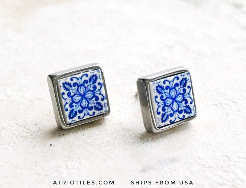 STUD Earrings Portugal Tile Antique Aveiro Espiga Ships from USA - Blue SOLID Stainless Steel Post - Gift box Included 1747