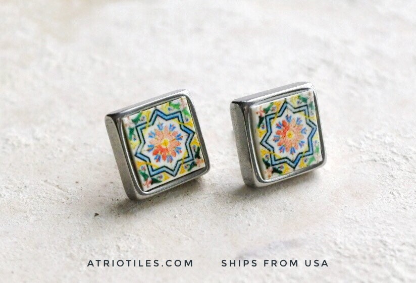 STUD Earrings Portugal Tile Azulejo Tile SOLID Stainless Steel Posts Hypo allergenic OVAR, Ourivesaria Carvalho Gift Boxed 651