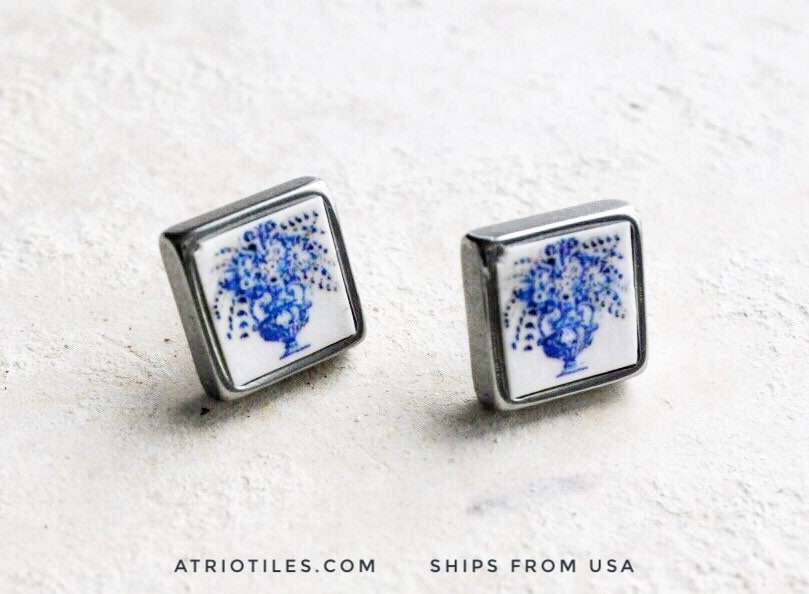 STUD Earrings Portugal Tile ATRIO Post in Solid Stainless Steel Portuguese Azulejo - Church of Mercy Evora 1136 USA Shipping