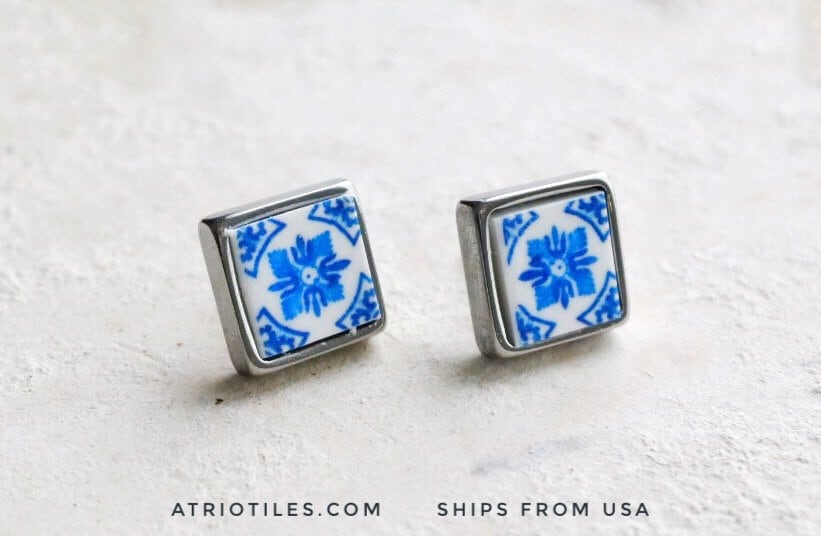 Earrings STUD Portugal Atrio Blue Tile Azulejos Post Blue Igreja de Sao Nicolau, 1671 Solid Stainless Steel - Gift Boxed USA Shipping 493