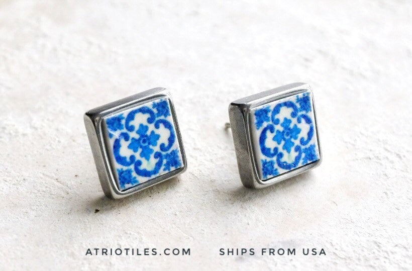 Stud Earrings Portugal Tile SOLID Stainless Steel Posts Antique Azulejo - BRAGA Blue Hypo Allergenic Ships from USA - Gift Boxed 760