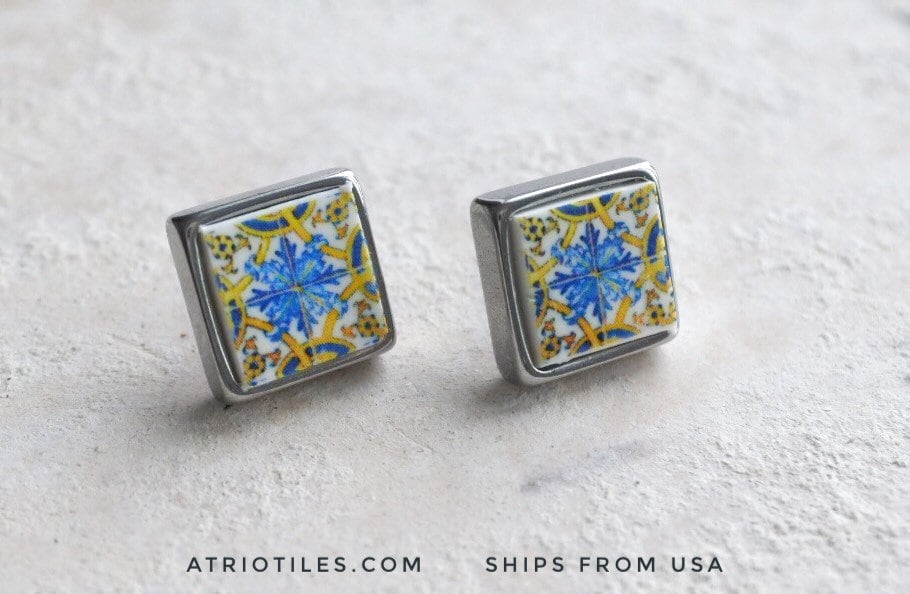 Stud Earrings Atrio Tile Portugal 17th Century Igreja Madre Deus Lisboa SOLID Stainless Steel Posts Ships from USA 1201