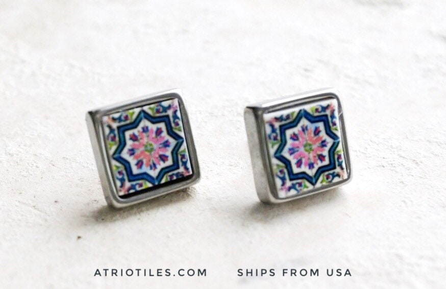 STUD Earrings Portugal Tile Azulejo Tile SOLID Stainless Steel Posts Hypo allergenic OVAR, Ourivesaria Carvalho Gift Boxed 651a