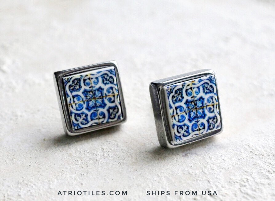 Stud Earrings Portugal Tile Atrio Antique Azulejo 17th Century Italo Flemish BLuE Earrings SOLID Stainless Steel Ships from USA 550