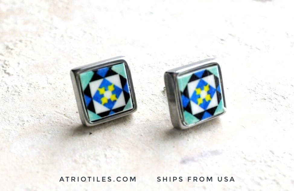 Stud Earrings Portugal Tile Antique Azulejo Atrio SOLID Stainless Steel Post Cartaxo- BoLD CoLORS Ships from USA 417
