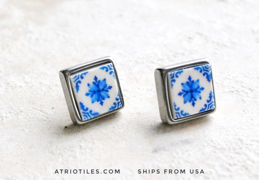 Stud Earrings Portugal Tile Atrio Antique Azulejo Mosaic Earrings Cartaxo- Royal Blue - SOLID Stainless Steel Posts Gift Box Included 661