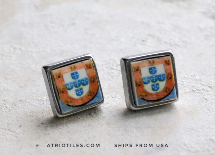 Stud Earrings Portugal Antique Coat of Arms Fresco Tomar Convent of Christ built in 1160 SOLID Stainless Steel Portuguese Shield Templar 794