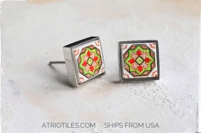 Atrio Stud Earrings Portugal Tile Green Small SOLID Stainless Steel Posts Antique Azulejo Ovar Ships from USA - Gift Box Included 623