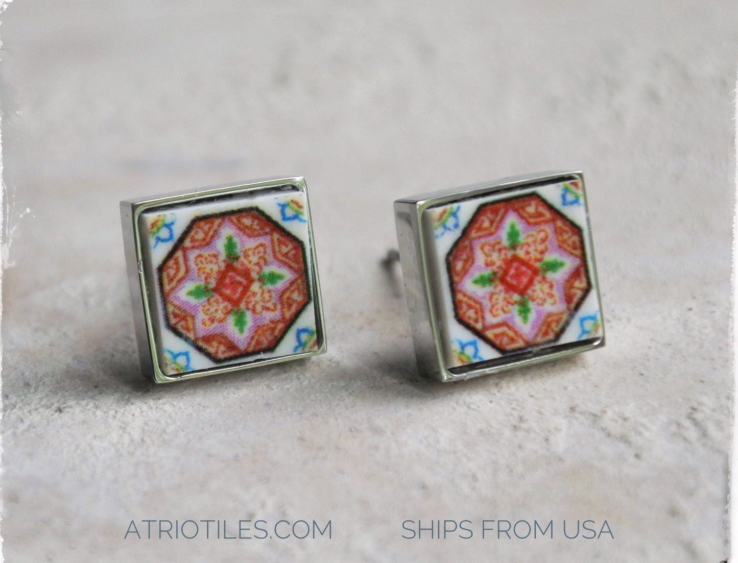 Stud Earrings Portugal Tile Atrio Pink Antique Azulejo SOLID Stainless Steel Esmoriz (see photo) Gift Box Included - Ships from USA - SMALL