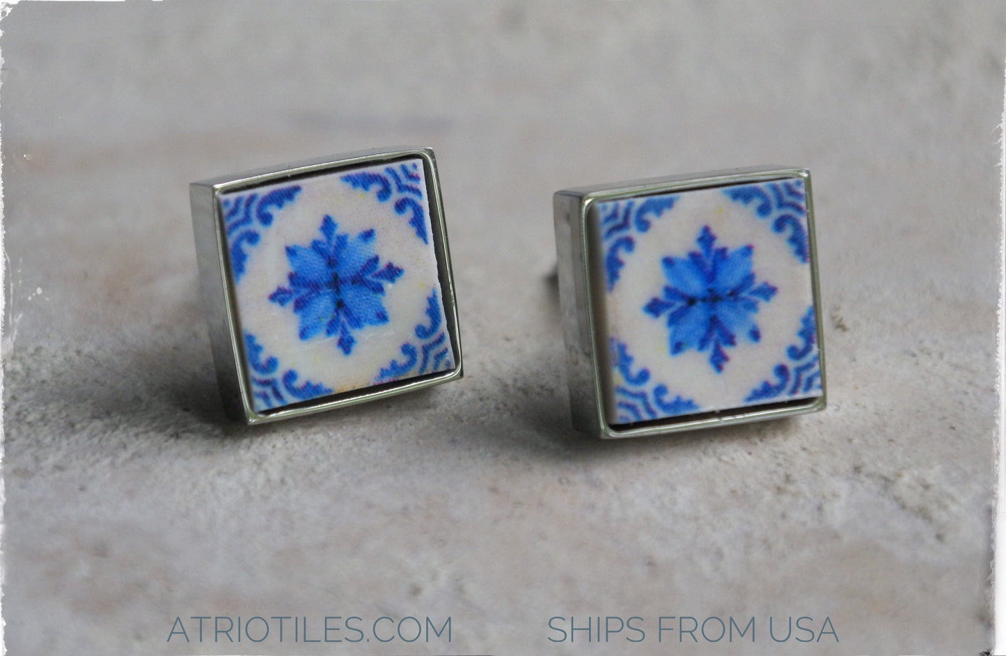 Stud Earrings Portugal Tile Atrio Antique Azulejo Mosaic Earrings Cartaxo- Royal Blue - SOLID Stainless Steel Gift Box Included SMALL