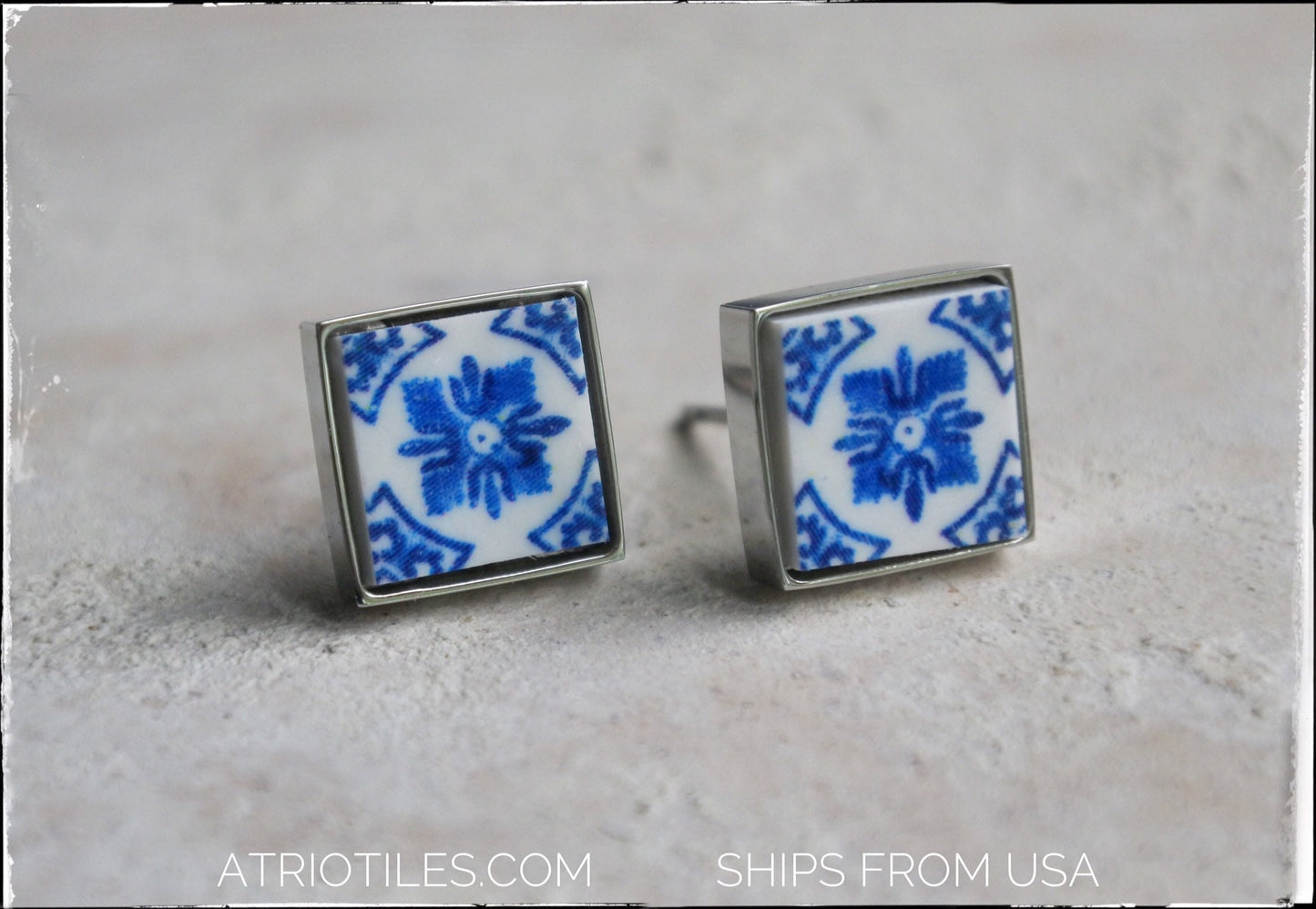 Earrings STUD Portugal Blue Tile Azulejos Post Blue Igreja de Sao Nicolau, 1671 SoLID Stainless Steel - Gift Boxed USA Shipping SMALL
