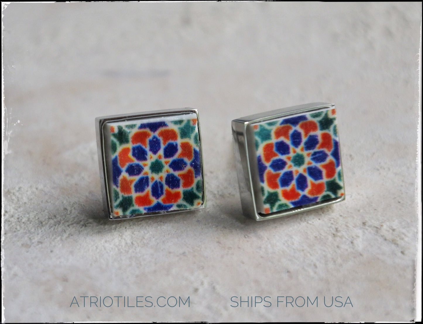 Stud Earrings Atrio Portugal 16th Century Hispano-Arab Arista Tile Monastery Santa Clara Coimbra 1314 Zellige Sintra Ships from USA SMALL