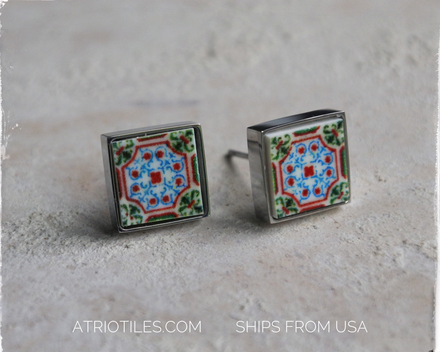 Stud Earrings Portugal Tile Post Antique Azulejo - Ovar SOLID Stainless Steel Post - Hypo Allergenic Gift Box Included 404 SMALL