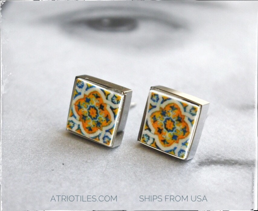 Stud Earrings Portugal Atrio 17th Century Gold Blue Azulejo Tile Tomar -Convent of Christ built in 1160 SOLID Stainless Steel 224 SMALL