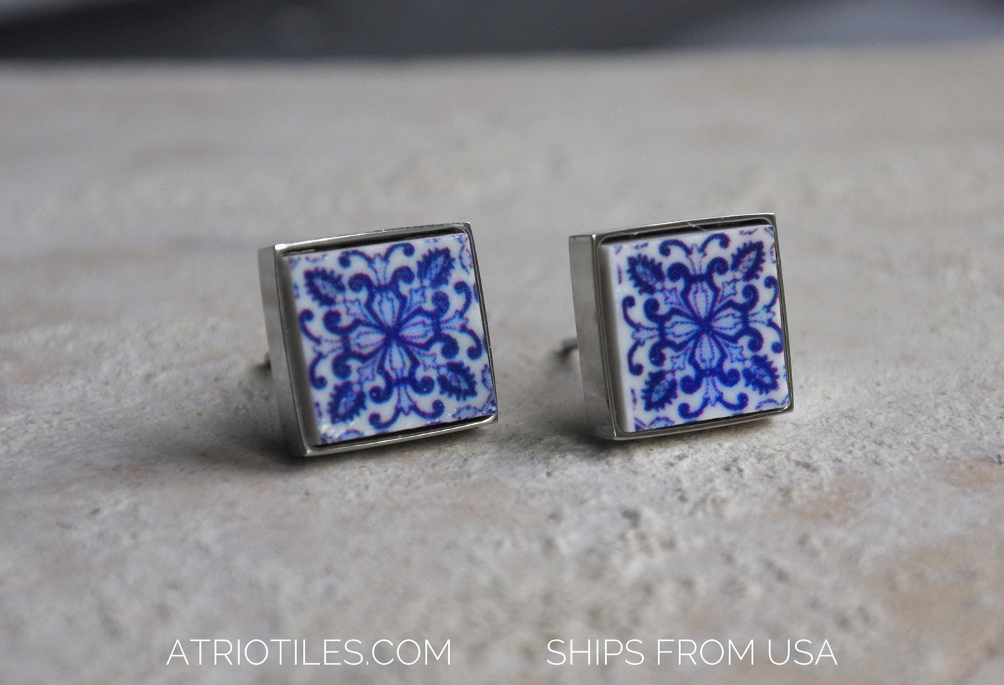 STUD Earrings Portugal Tile Antique Aveiro Espiga Ships from USA - Blue SOLID Stainless Steel Post - Gift box Included 1747 Small