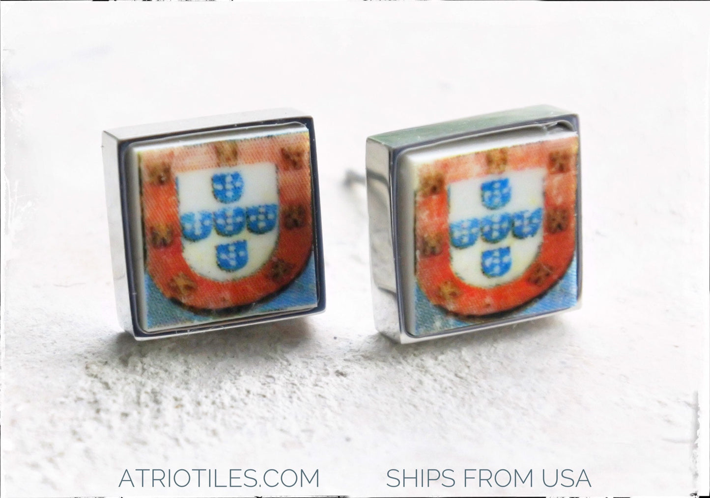 Stud Earrings Portugal Antique Coat of Arms Fresco Tomar Convent of Christ built in 1160 SOLID Stainless Steel Portuguese Shield 794 Small
