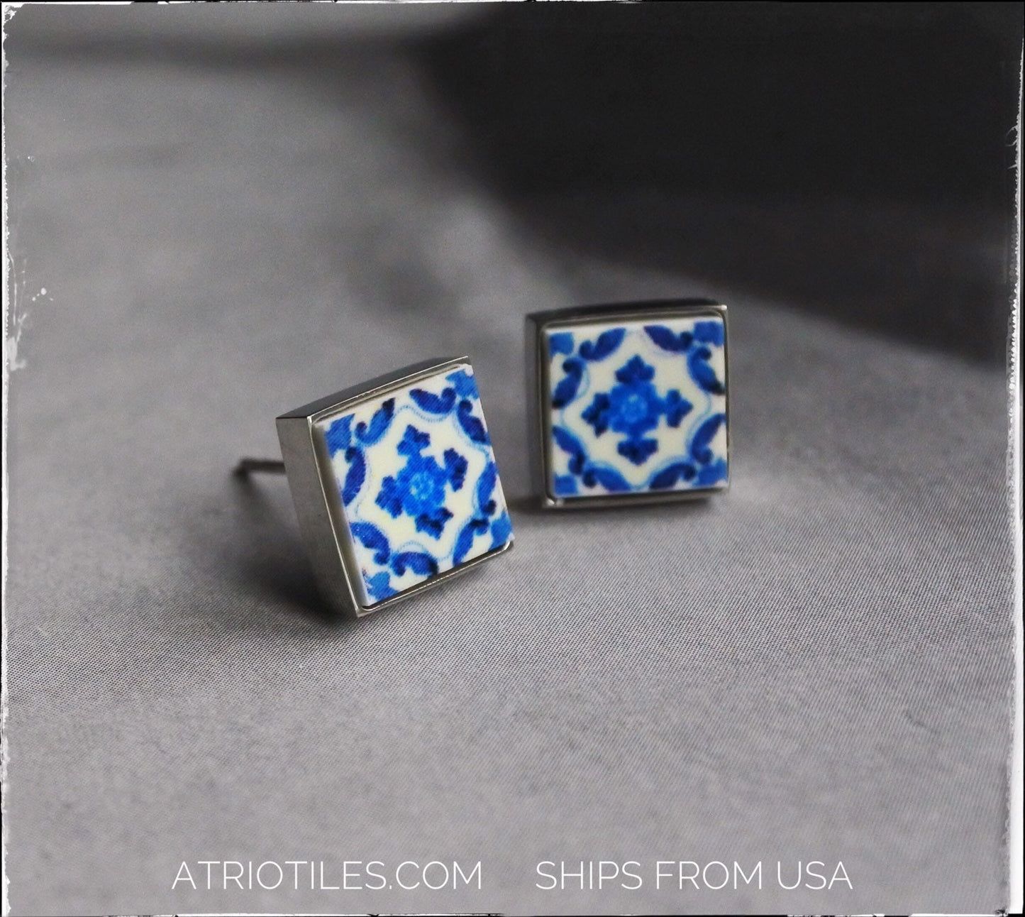 Earring Stud Portugal Tile earring Atrio Tile earring small gift for her Portuguese Tile earring Portugal Travel Gift Atrio earring blue