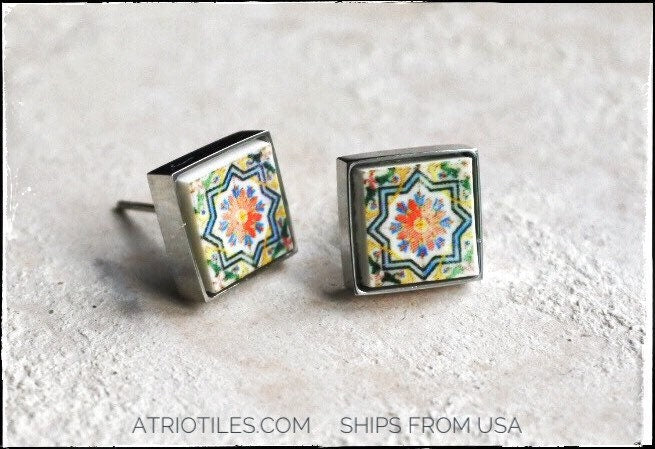 Atrio STUD Earrings Portugal Tile Azulejo Tile SOLID Stainless Steel Posts Hypo allergenic OVAR, Ourivesaria Carvalho Gift Boxed