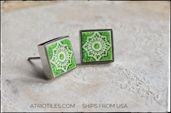 Stud Earrings Portugal Green Tile Post Atrio Ilhavo, SOLID Stainless Steel Hypo Allergenic Ships from USA