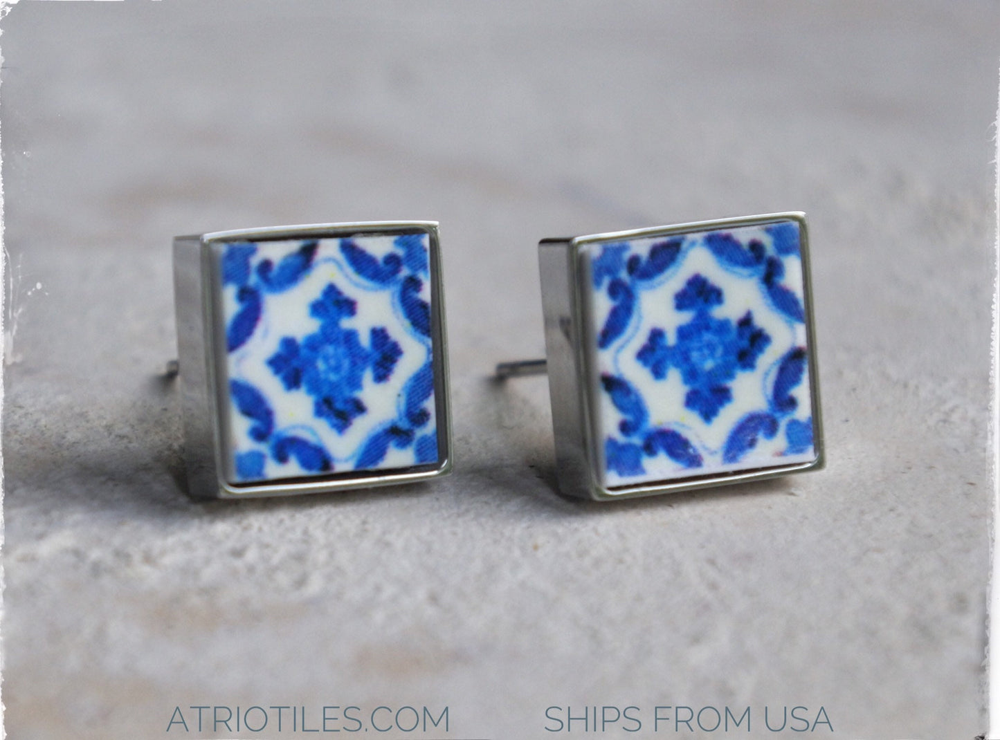 Earring Stud Portugal Tile earring Atrio Tile earring small gift for her Portuguese Tile earring Portugal Travel Gift Atrio earring blue