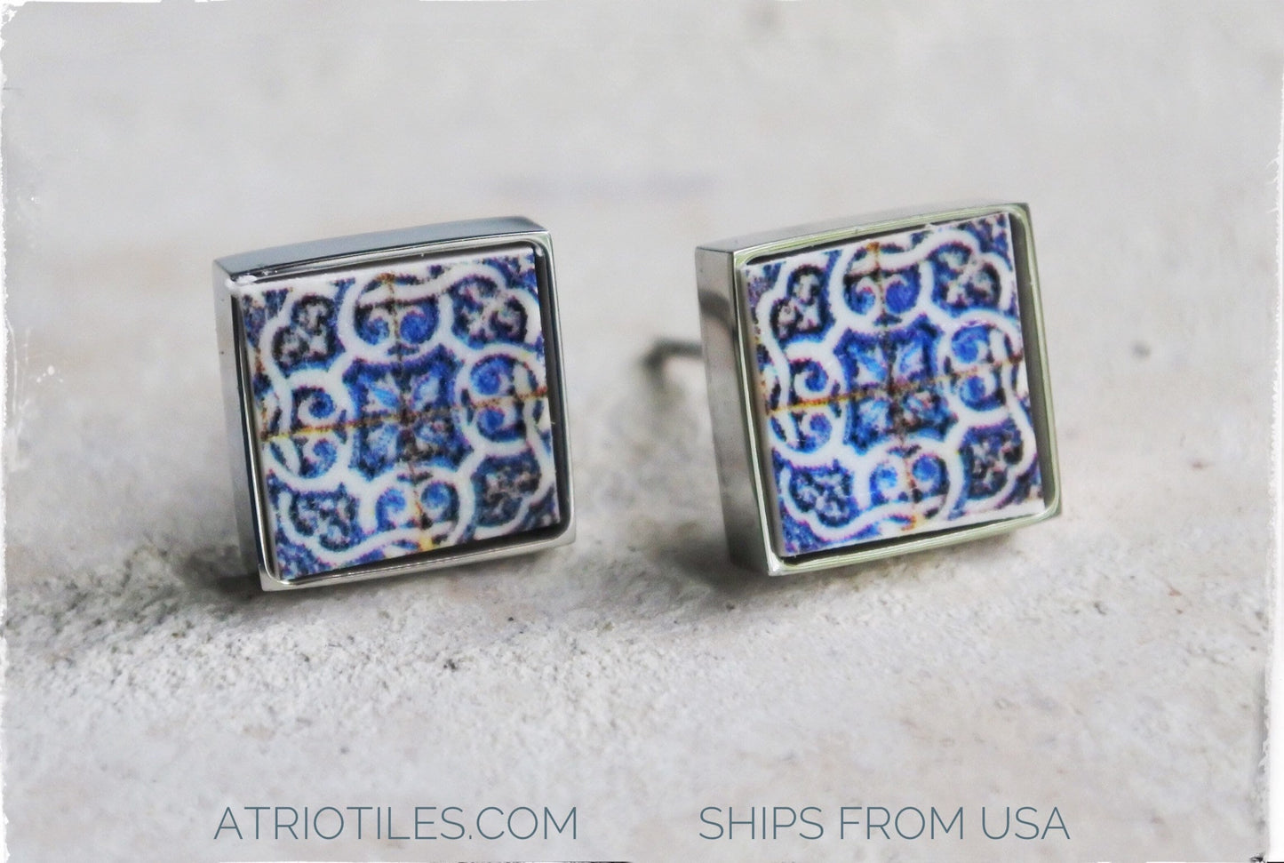 Stud Earrings Portugal Tile Atrio Antique Azulejo 17th Century Italo Flemish BLuE Earrings SOLID Stainless Steel Ships from USA SMALL