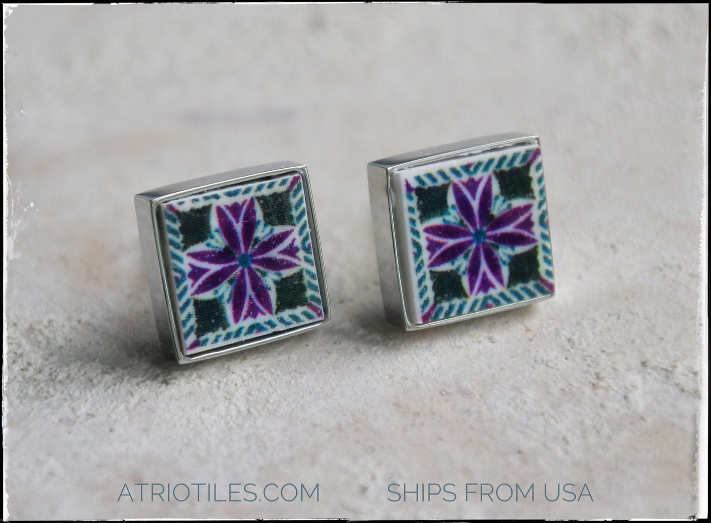 Stud Earrings Post Portugal Tile Purple Black Portuguese Azulejo SOLID Stainless Steel USA Shipping - Gift Box Included SMALL