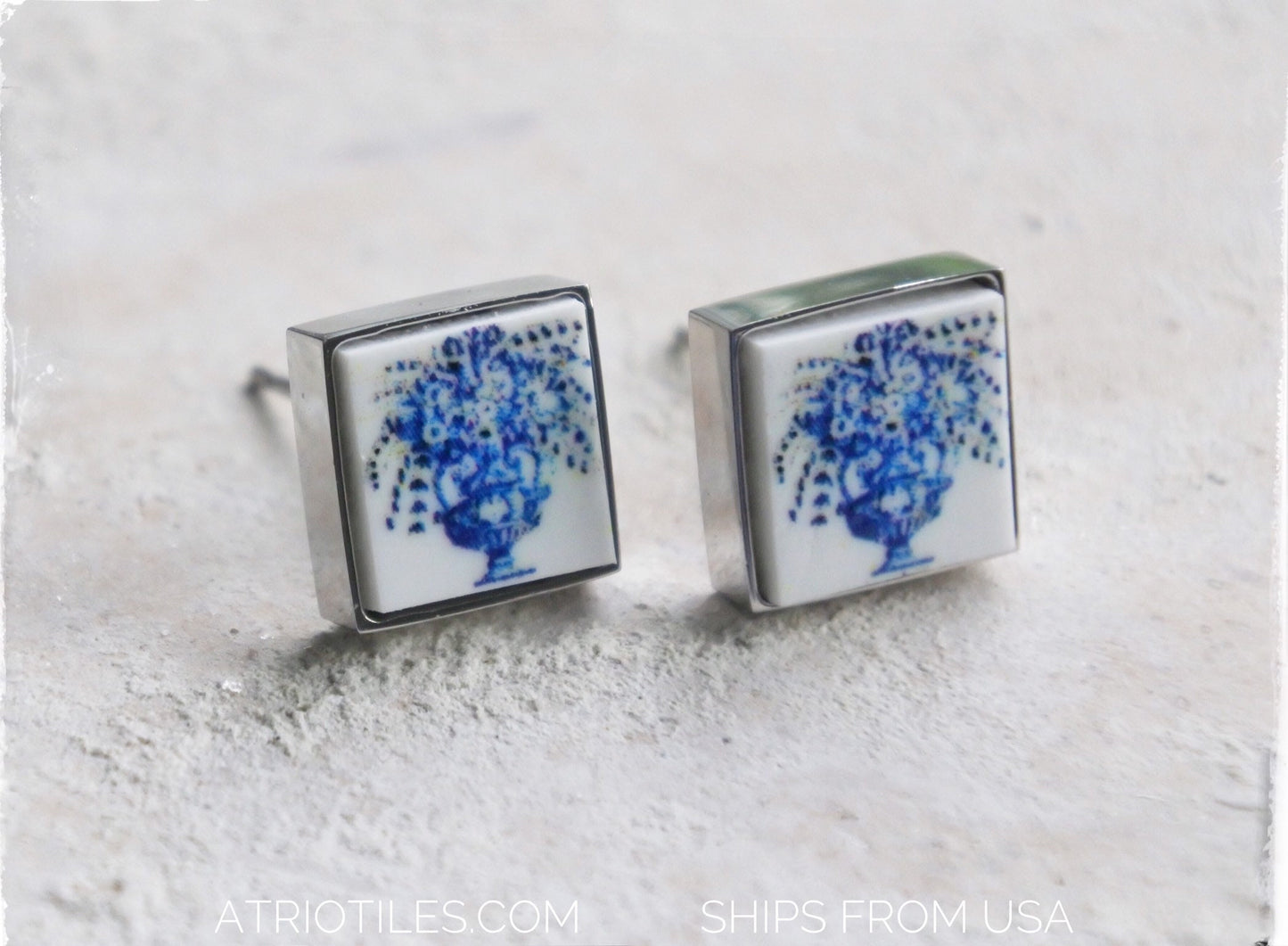 STUD Earrings Portugal Tile ATRIO Post SoLID Stainless Steel Portuguese Azulejo - Church of Mercy Evora 1136 USA Shipping SMaLL