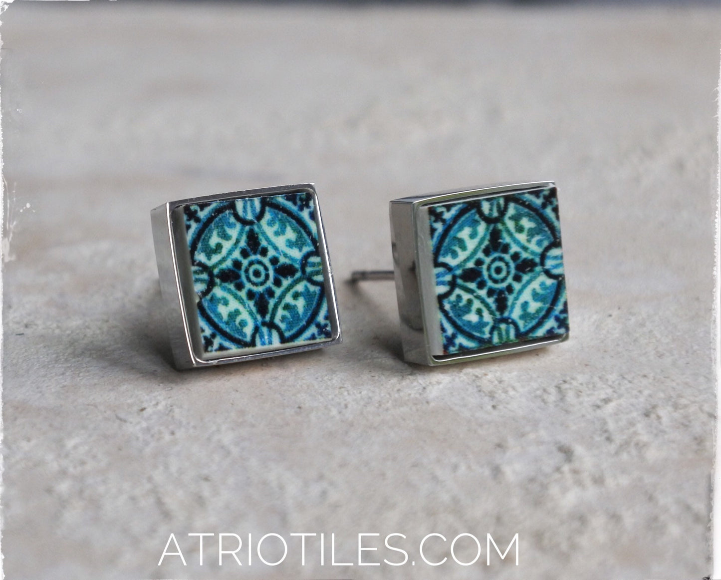 Stud Tile Earrings Portugal Atrio Antique Azulejo Ilhavo SAGE Green SOLID Stainless Steel Posts Hypo Allergenic Gift Boxed SMALL