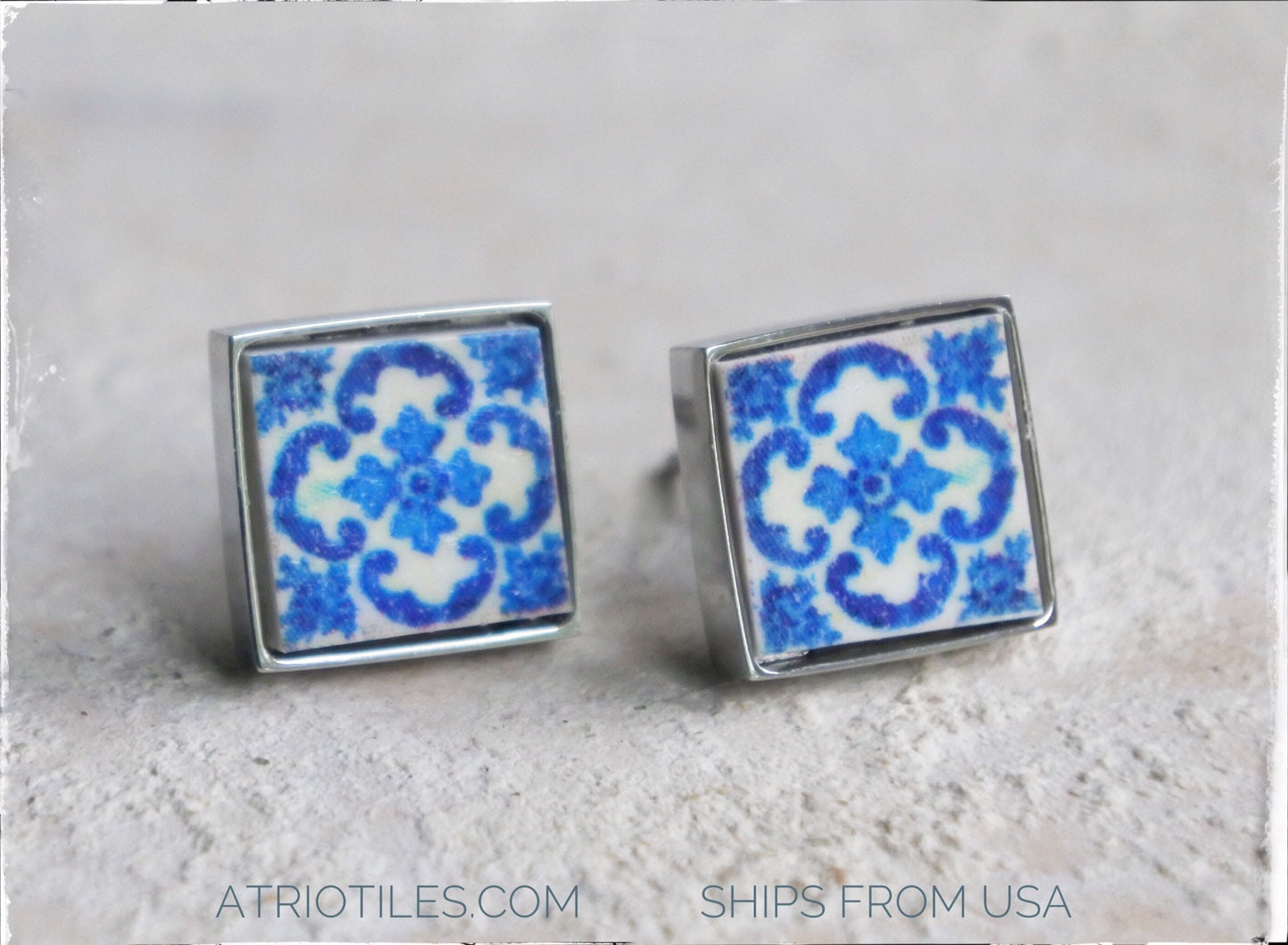 Stud Earrings Portugal Tile SOLID Stainless Steel Posts Antique Azulejo - BRaGA Blue Hypo Allergenic Ships from USA - Gift Boxed SMALL