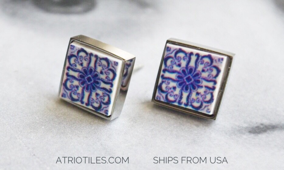 Stud Earrings Tile Portugal Post Azulejo Blue Barcelos Gift Box Included SOLID Stainless Steel Posts - Ships from USA 705 SMALL