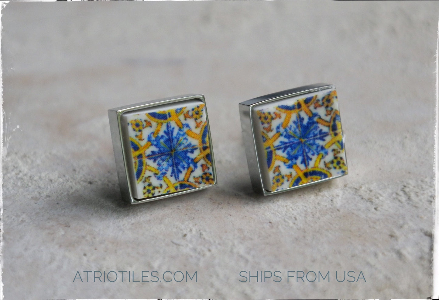 Stud Earrings Atrio Tile Portugal 17th Century Igreja Madre Deus Lisboa SOLID Stainless Steel Posts Ships from USA 1201 SMALL