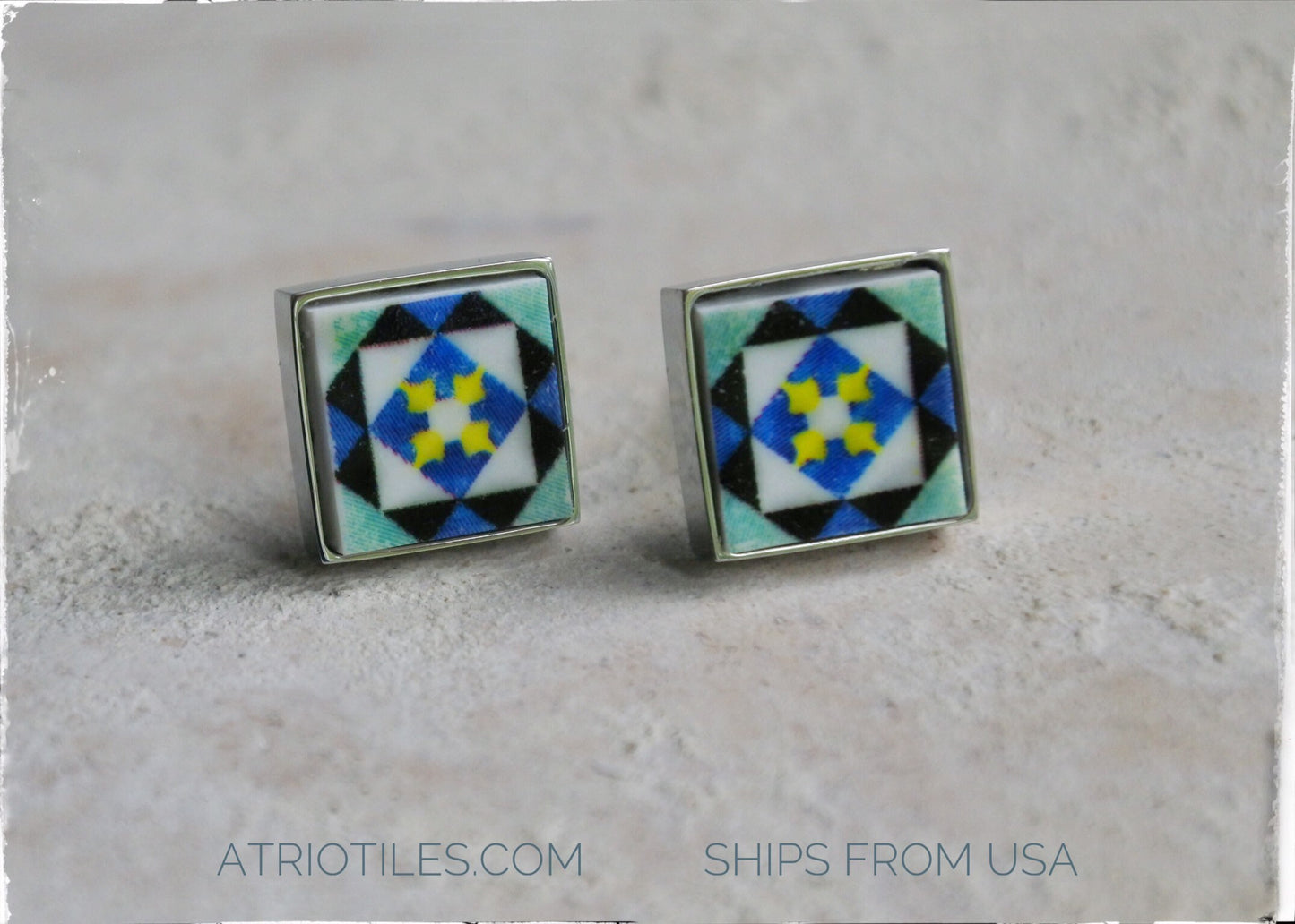 Stud Earrings Portugal Tile Antique Azulejo Atrio SOLID Stainless Steel Post Cartaxo- BoLD CoLORS Ships from USA 417 Small