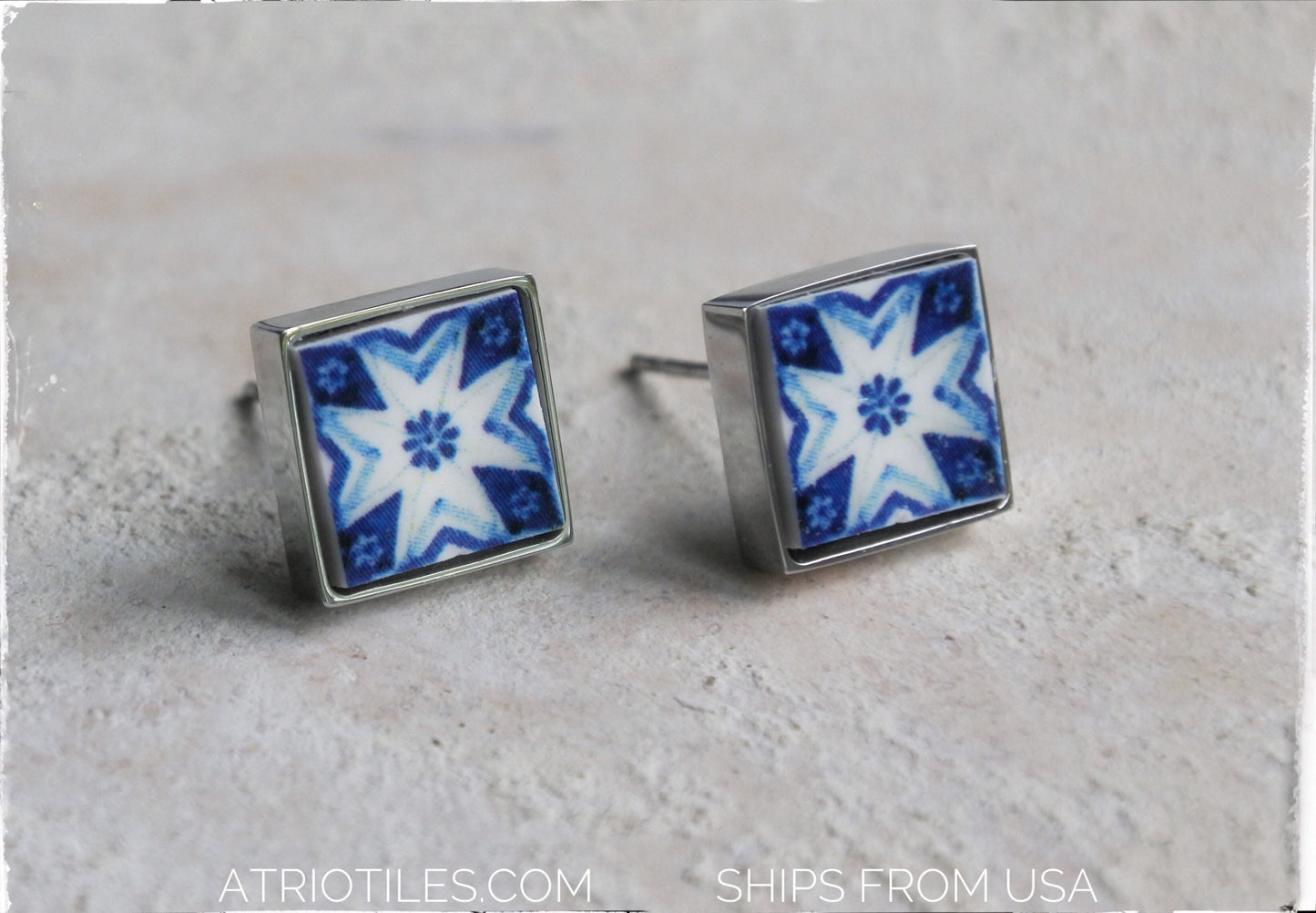 Stud Earrings Atrio Tile Portugal Blue Azulejo - SOLID Stainless Steel - Gift Box Included - Ships from USA PORTO (see photos) 719 Small